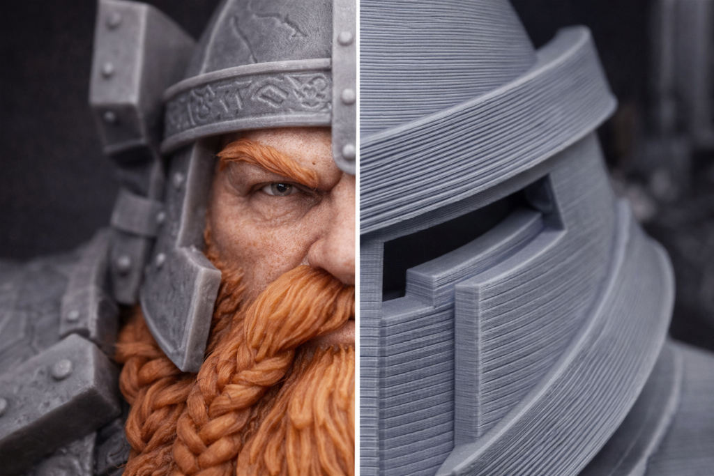 Comparativa de resolución entre impresión 3D de resina y filamento para coleccionistas