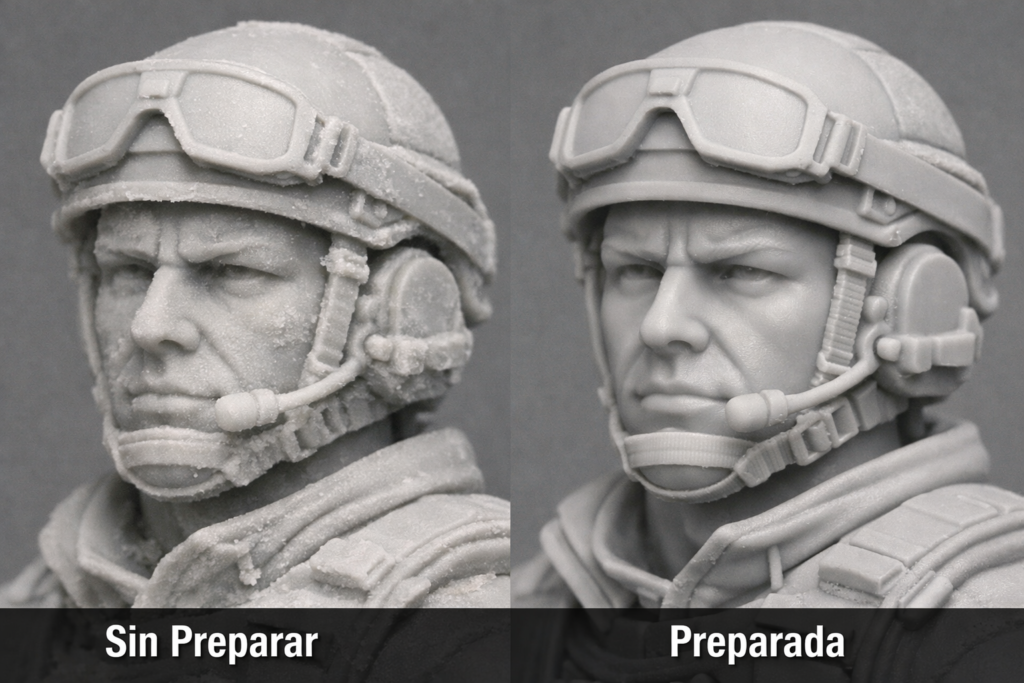 miniatura resina antes y despues de preparacion