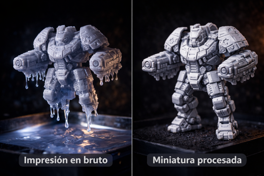 antes y despues miniatura resina procesada y pintada