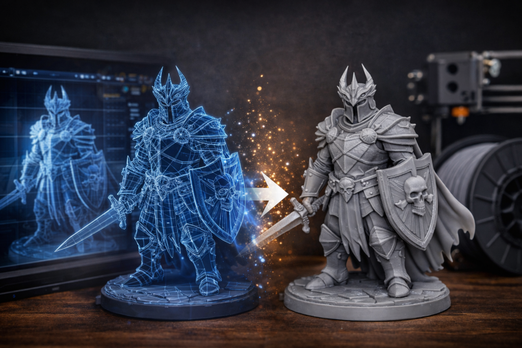 Impresión 3D de alta precisión transformando modelo digital en figura física detallada para coleccionismo