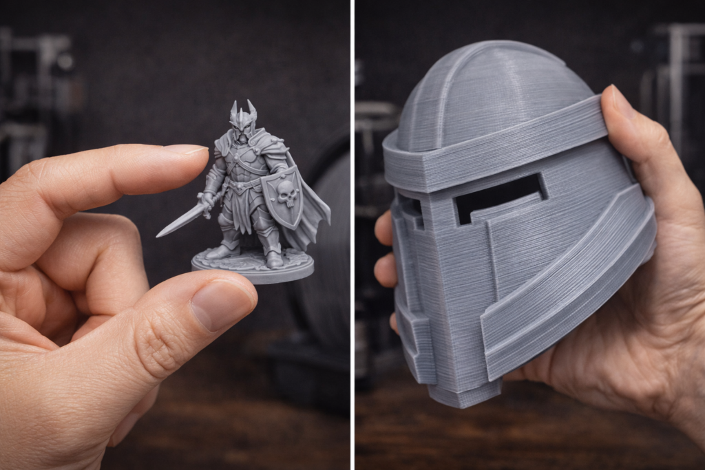 iferencia de tamaño y detalle entre figuras de resina y props de filamento 3D