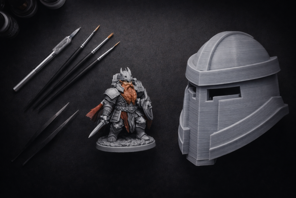 Escritorio de diseño 3D con piezas terminadas en diferentes materiales de alta gama