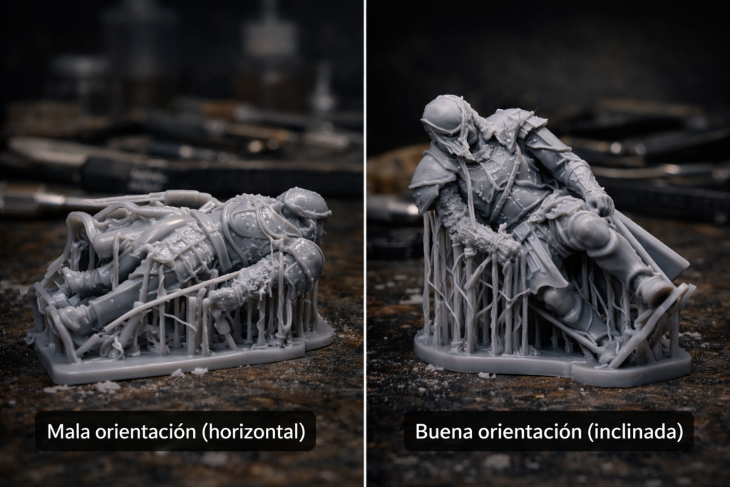 comparativa orientación correcta e incorrecta impresión resina