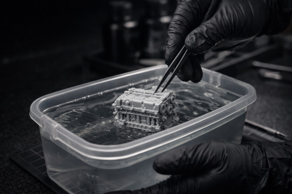 proceso de limpieza de impresión 3D en resina con alcohol